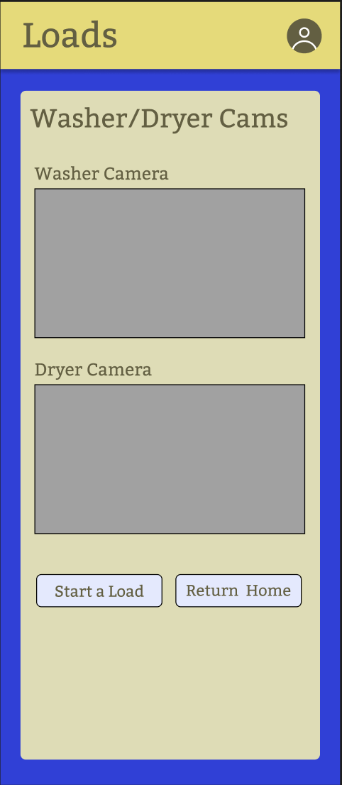 Phone screen with yellow navigation bar at the top, labelled Loads. The title of the page at the top is Monitor Situation. There is a section for washers, which shows the number of available and unavailable machines. Then, there is the same for dryers. Finally, there are buttons at the bottom for viewing laundry room cameras, starting a load, and returning home.