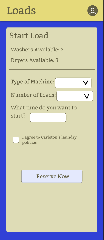 Phone screen with yellow navigation bar at the top, labelled Loads, and four large buttons against a blue bottom. From top to bottom: Start Load, Switch Load, Monitor Situation, and Report an Issue.