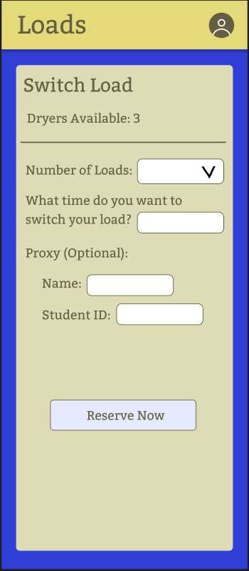 Phone screen with yellow navigation bar at the top, labelled Loads. The title of the page is Report an Issue and then there is a form that asks for name, student I.D., and explanation of the issue. There is an option to upload a photo and select a file and a checkbox option if you want to be contacted about your request. Finally, there is a large button at the bottom for submitting the report.