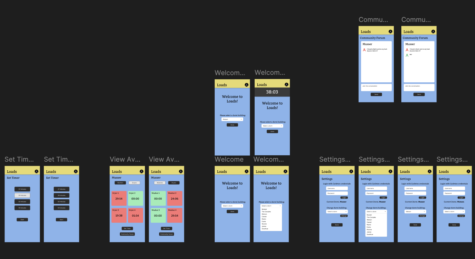 mobile app showing laundry machine statuses